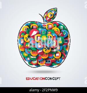 Knowledge icons set in a form of apple education concept composition vector illustration Stock Vector