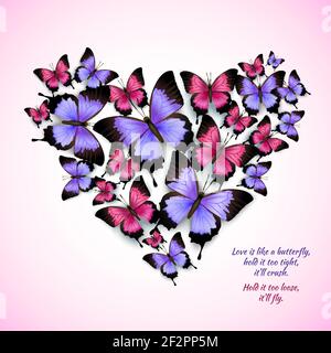 Decorative bright blue purple red trendy butterflies heart shape design pattern vector illustration Stock Vector