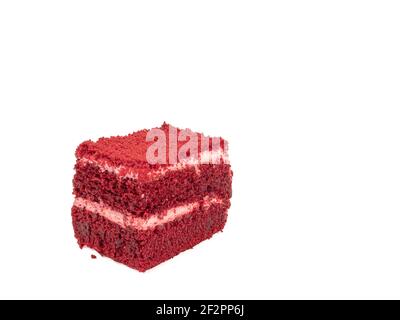 Red velvet cake, a close up of homemade sliced layer sponge cream cake bakery isolated on white background. Stock Photo