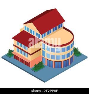Modern 3d urban building with architectural elements isometric isolated vector illustration. Stock Vector