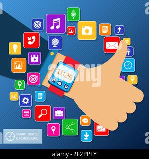 Smart watch smartphone sync concept with thumbs up hand and mobile apps icons vector illustration Stock Vector