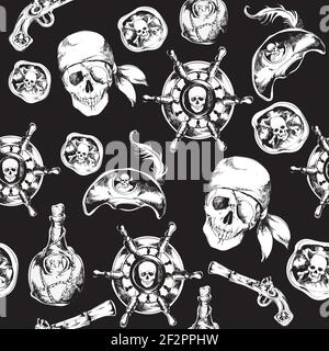 Hand drawn black and white pirates seamless pattern with hat rum bottle gun vector illustration Stock Vector