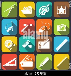 Graphic designer studio tools creative process flat icons set of paint brush palette camera isolated vector illustration Stock Vector