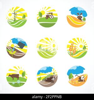 Decorative agriculture and farming landscape icons set isolated vector illustration Stock Vector