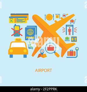 Airport flat concept set of airplane taxi passport ticket icons vector illustration Stock Vector