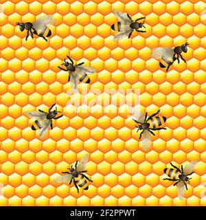 Flying bees with sweet honey comb seamless pattern vector illustration Stock Vector