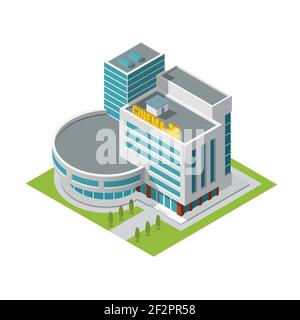 Modern 3d urban cinema theatre building with architectural elements isometric isolated vector illustration Stock Vector