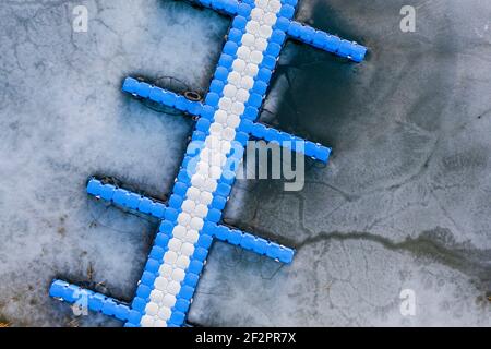 A bird's eye view of the landing stage, frozen lake Stock Photo