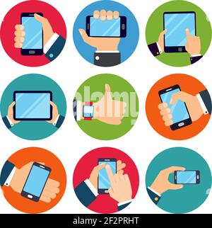 Human hands set holding mobile phones and tablet devices isolated vector illustration Stock Vector