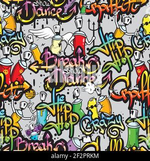 Graffiti spray paint street art subculture characters letters composition design seamless colorful pattern sketch grunge vector illustration Stock Vector
