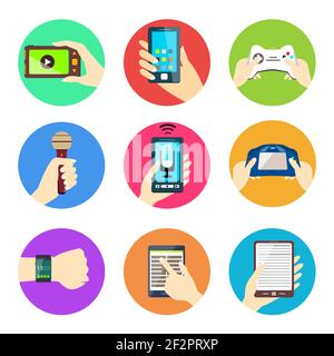 Human hands set holding mobile phones and electronic devices isolated vector illustration. Stock Vector