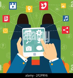 Mobile phone applications navigation communication flat concept with man holding tablet vector illustration Stock Vector
