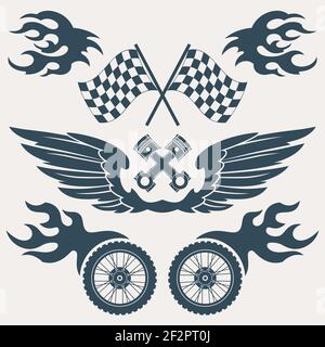 Motorcycle grunge design elements set of wings flags flame isolated vector illustration Stock Vector