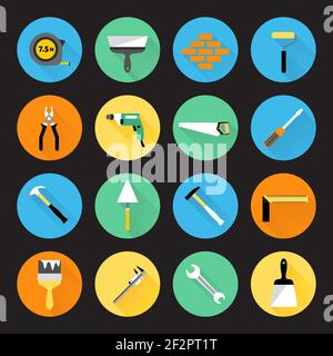 Builder and construction hand work repair instruments icons set isolated vector illustration. Stock Vector