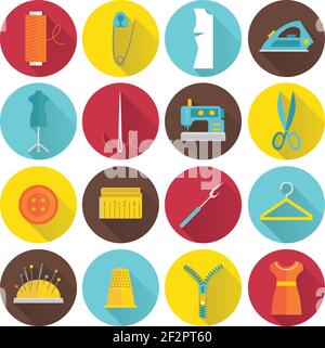 Sewing equipment and tailor needlework accessories icons with thread needle zipper isolated vector illustration Stock Vector