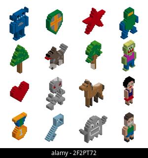 Video game cartoon pixel characters isometric icons set isolated vector illustration Stock Vector