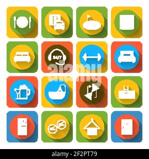 Hotel amenities and room service tourism icons of swimming massage golf and spa flat set isolated vector illustration Stock Vector