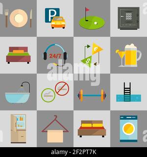 Hotel amenities and room service icons of golf spa massage and bell isolated vector illustration. Stock Vector