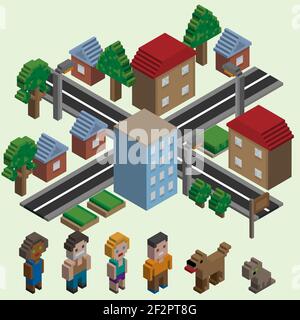 Video game isometric city with cartoon pixel characters icons set isolated vector illustration Stock Vector