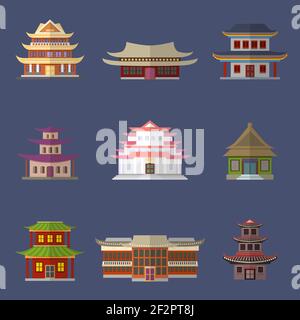 Chinese house ancient temples oriental buildings icons set isolated vector illustration Stock Vector