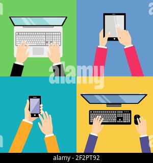 Human hands set holding touching mobile phones computer and tablet devices communication concept vector illustration Stock Vector