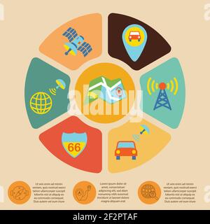 Mobile navigation geolocation routing mapping infographics set with pie chart vector illustration Stock Vector