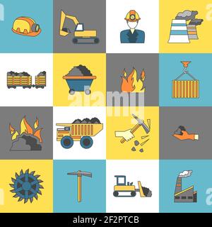 Coal machinery factory mining machinery flat line icons set isolated vector illustration Stock Vector