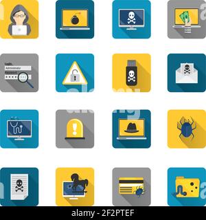 Hacker and computer safety and protection technology flat button icons set isolated vector illustration Stock Vector
