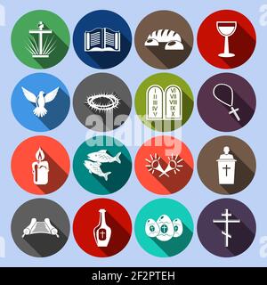 Christianity traditional religious symbols flat icons set with cross bible goblet isolated vector illustration Stock Vector