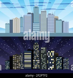 Modern urban building cityscape skyline day and night tileable borders set isolated vector illustration Stock Vector