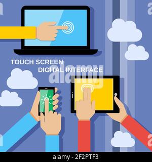 Human hands set holding touching mobile phones screens computer and communication gadgets vector illustration Stock Vector