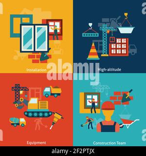 Buildings construction installation equipment work at heights team flat icons infographic composition vector isolated illustration Stock Vector