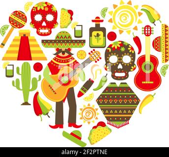 Mexico travel traditional symbols decorative icon set in heart shape vector illustration Stock Vector