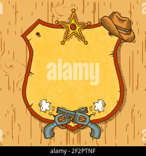 Wild west cowboy sketch background with guns hat and sheriff badge vector illustration Stock Vector