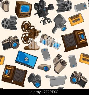 Photo video camera and multimedia entertainment technology colored seamless pattern vector illustration Stock Vector