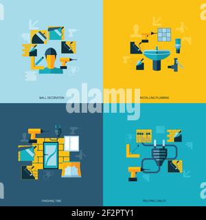 Home repair flat set with wall decoration installing plumbing isolated vector illustration Stock Vector