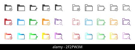 Folder icons set of flat and line type. Computer folder, folders sign. Grey, material color and gradient variety Stock Vector