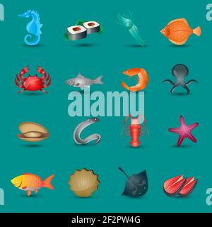 Seafood icons set with fish octopus shrimp stingray isolated vector illustration Stock Vector