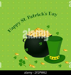 Happy Saint Patrick's Day greetings template with hat, black pot of gold coins, clover on green polka pattern background for poster, banner Stock Vector