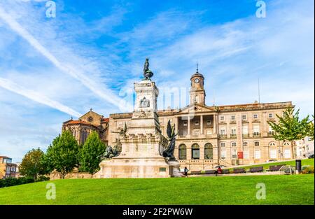 Statue of Prince Henry the Navigator in front of the Stock Exchange Palace in Porto in Portugal Stock Photo