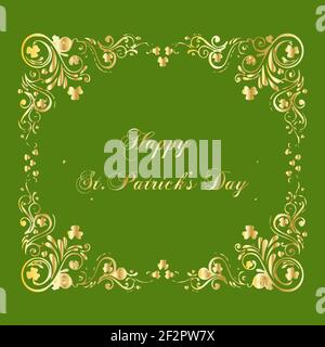 Happy Saint Patrick's Day greetings template with golden ornamental design on green background for poster, banner Stock Vector