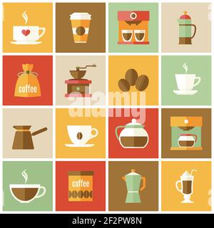 Coffee cup pot energetic drink icons flat set isolated vector illustration. Stock Vector