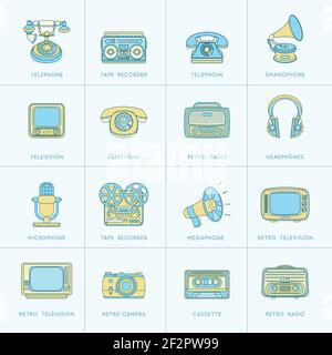 Vintage retro media gadgets flat line icons set of photo camera cassette telephone isolated vector illustration Stock Vector