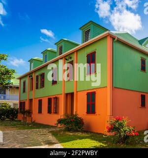 Colorful houses in the Orient Bay district on the island of Saint Martin in the Caribbean Stock Photo