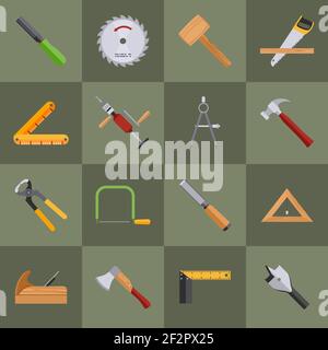 Carpentry wood work tools and equipment with pliers axe saw icons set isolated vector illustration Stock Vector