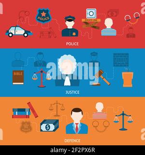 Crime police investigation judgment  punishment and imprisonment symbols infographics elements flat horizontal banners set abstract  vector illustrati Stock Vector