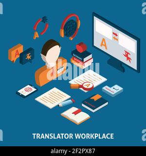 Translator workplace isometric icons composition with computer dictionaries and mobile electronic devices  poster print isolated vector illustration Stock Vector
