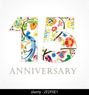 15 years old luxurious celebrating folk logo. Template colored 15 th happy anniversary greetings, ethnics flowers, plants, paradise birds. Set of trad Stock Vector