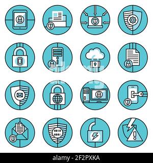 Computer data protection and secure internet information blue line icons set isolated vector illustration Stock Vector