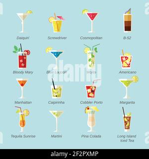 Alcohol cocktails icons flat set with daiquiri screwdriver cosmopolitan isolated vector illustration Stock Vector